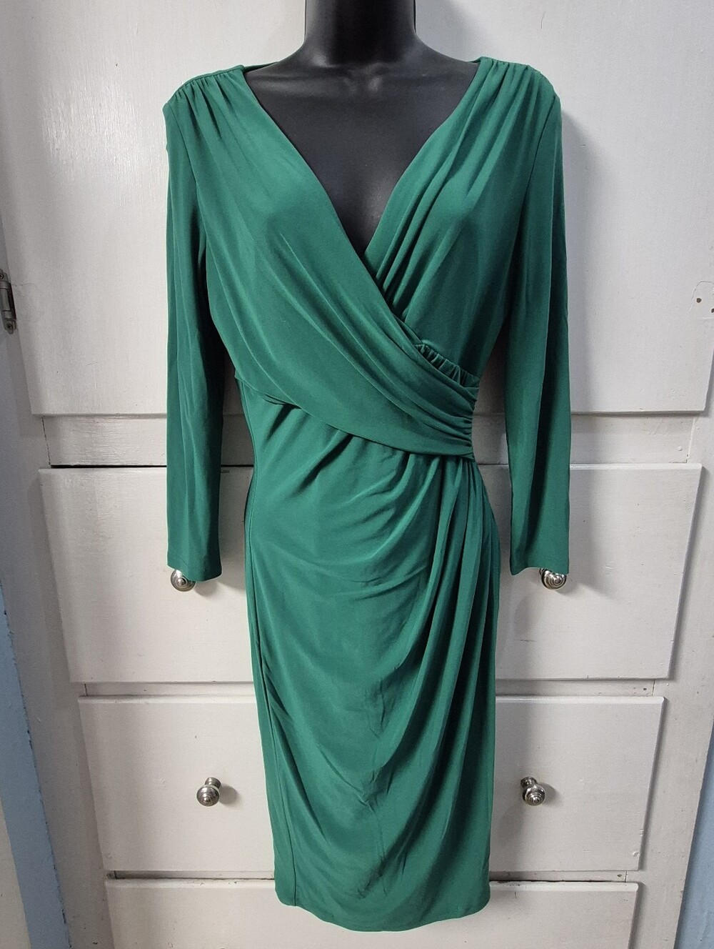 Lauren Ralph Lauren Green Faux Wrap Emerald Green Ruched Jersey Dress Size 2